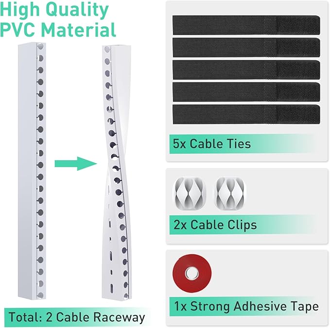 Updated White Cable Raceway Kit, 31(2x15.5 inch Open Slot Wire Covers for Cords, Cable Management System to Hide Under Desk/TV/Computer/Net/Power Cords (Pack 2)
