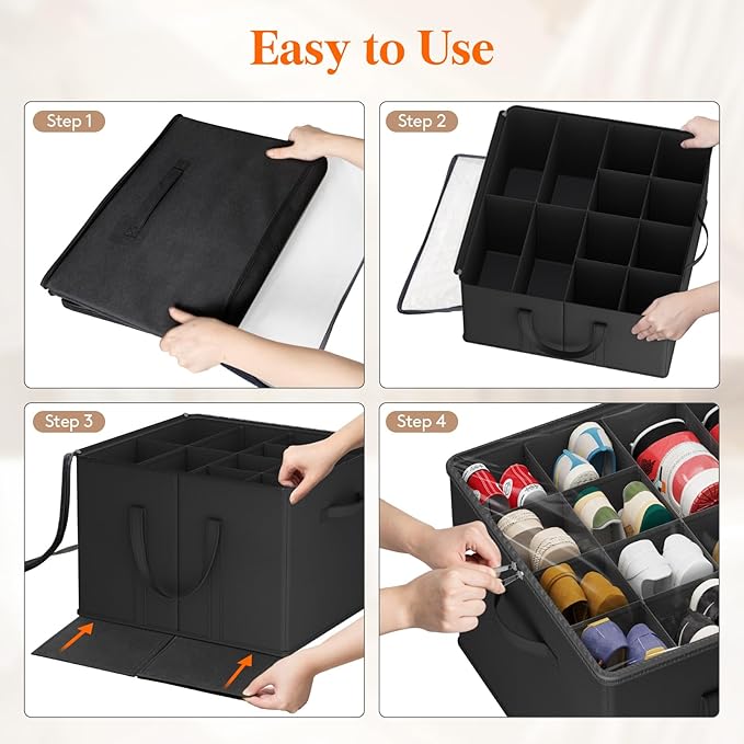 Lifewit Shoe Storage Organizer for Closet, Fabric Large Shoe Box Storage Containers with Clear Cover, Foldable Bins for Boots Heels Sneakers Fits 12-16 Pairs, 1 Pack Black