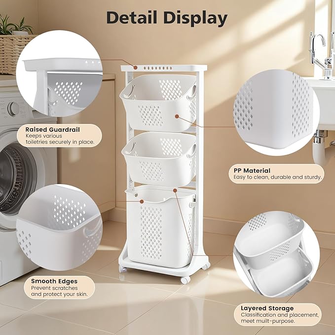 Rolling Laundry Hamper Cart with Wheels, 3 Tier White Laundry Baskets, Clothes Hamper with Portable Storage Baskets for Kitchens, Bathrooms, Bedrooms, Classrooms, Laundry Rooms(75L)