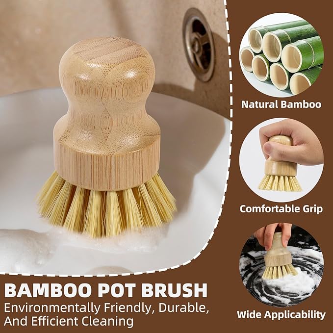 6-Piece Bamboo Dish Brush Set with Fast-Dry Stainless Steel Holder,3xNatural Sisal Bristle Brush & 1xPalm Bristle Kitchen Cleaning Brushes for Dishes, Pots, Pans & Sink