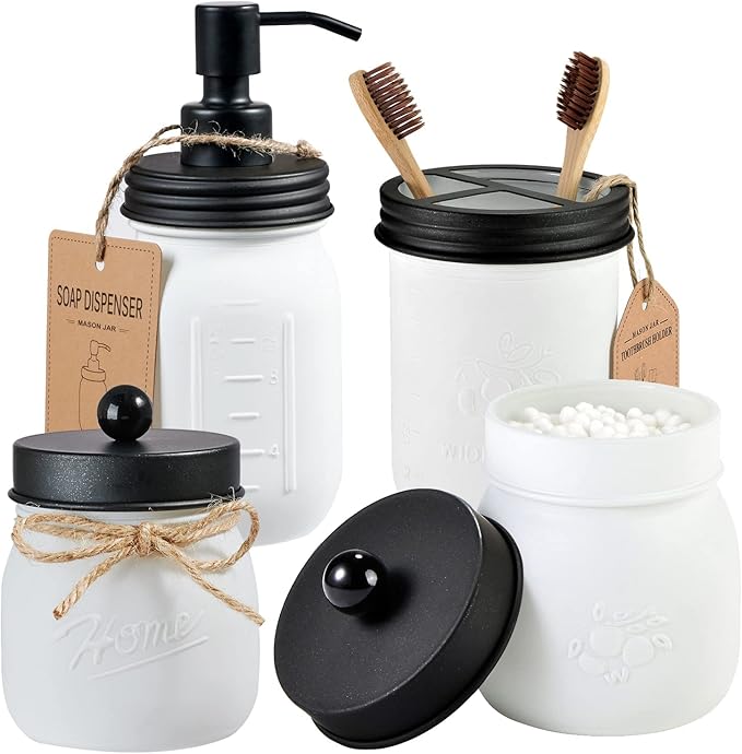 Amolliar Mason Jar Bathroom Accessories Set (4 Pack)—White Retro Lotion Soap Dispenser & 2 Apothecary Jars & Toothbrush Holder- Rustic Farmhouse Restroom, Bathroom Decor Countertop Organizer (Black)
