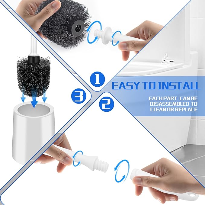 Toilet Brush and Holder Set, 4 Pack Long Handle Non-Slip Grip Toilet Bowl Brush, Hard Toilet Brush, Deep Cleaning for Bathroom, Easy to Assemble White