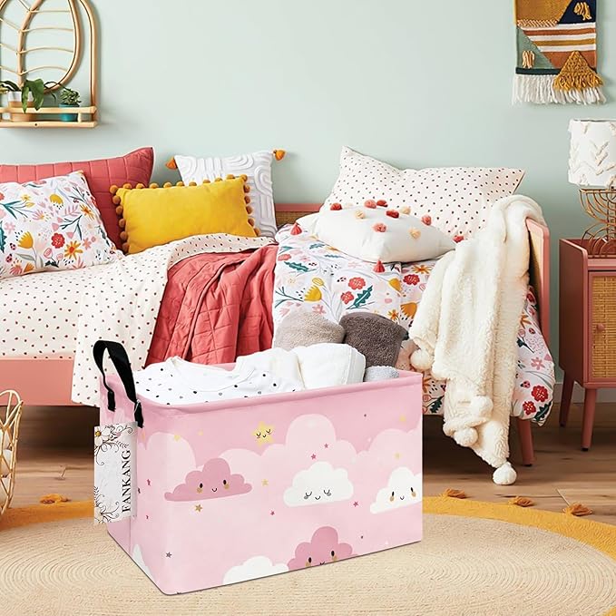 FANKANG Storage Bins, Nursery Hamper Canvas Laundry Basket Foldable with Waterproof PE Coating Large Storage Baskets for Kids Boys and Girls, Office, Bedroom, Clothes,Toys(Rec-pink cloud ）