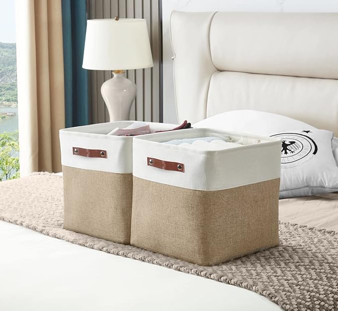 DECOMOMO Storage Cubes, 11x11 Cube Storage Bins, Baskets for Shelves (Beige & White, 4 Pack)