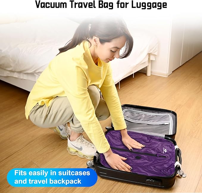 Zurligi Vacuum Bags with Pump for Travel – IPX8 Waterproof Reusable Carry-On Compression Bags for Clothes, Suitcase & Luggage(1-Pack, Purple)