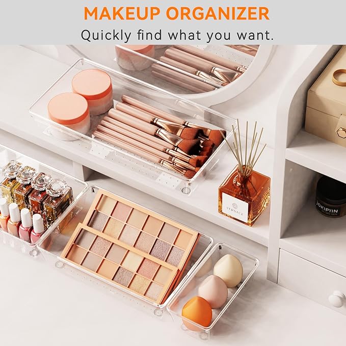 Criusia 36 Pack Large Clear Plastic Drawer Organizer Bins - 6 Size Acrylic Kitchen Drawer Organization and Storage for Utensils Gadgets, Office Bathroom and Vanity Organizer for Makeup Accessoires