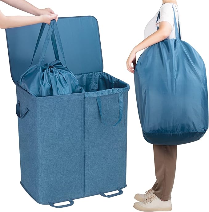 Lifewit Double Laundry Hamper with Lid and Removable Laundry Bags, Large Collapsible 2 Dividers Dirty Clothes Basket with Handles for Bedroom Laundry Room Closet Bathroom College, 136L Blue