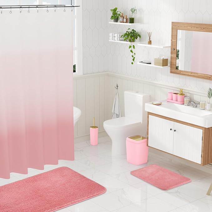 Bathroom Set - Pink Bathroom Sets with Shower Curtain and Rugs, 24PCS Shower Curtain Set with Hooks, Soap Dispenser, Soap Dish, Toilet Brush Holder and Trash Can for Housewarming