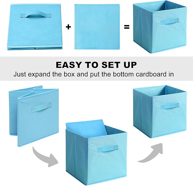 Fabric Storage Bins - 6 Pack Collapsible Cube Organizer for Closet, Shelves & Living Space, Pastel & Dark Color Options - Foldable Storage Boxes with Handles for Clothes (Blue, 11 inch)