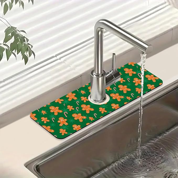 Christmas Gingerbread Man Sink Splash Guard Gingerbread Man Faucet Absorbing Mat Fast Drying Mat Sink Gadgets Splash Guard Behind Faucet Drip Catcher for Kitchen Bathroom, 15.5"x5.5"