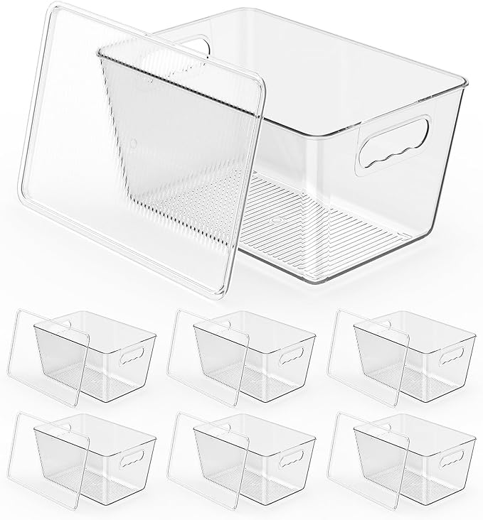 KJIXYUNG 6 Pack Clear Stackable Storage Bins with Lids, Large Plastic Pantry Organizers and Storage Containers for Kitchen Cabinet, Fridge, Closet, Bathroom - BPA-Free Home Organization Must Haves