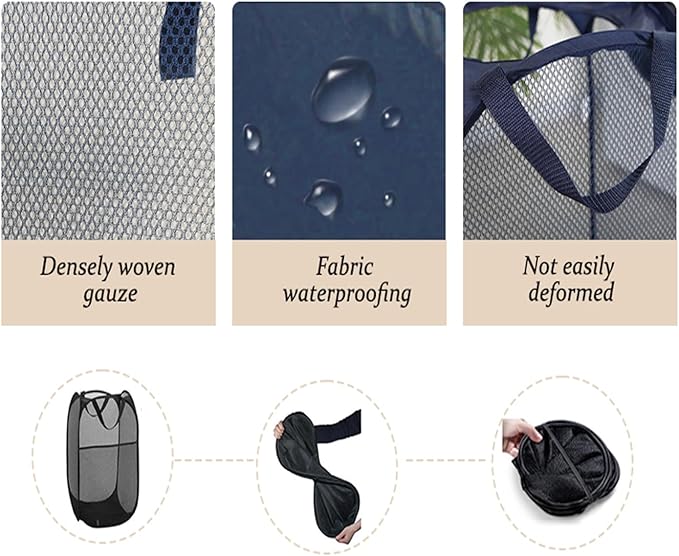 The upgraded pop-up laundry basket features a breathable side pocket mesh design, making it ideal for rooms, apartments, dormitories, travel, business trips, and children's storage(2, Dark blue)