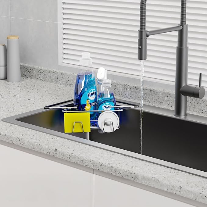 NiHome Extendable Arm Stainless Steel Kitchen Sink Corner Caddy, Easy Install Space-Saving Adjustable Sponge Holder for Most Square Standard Sinks, Non-Slip Rust-Resistant for Brushes, Soap, Sponges