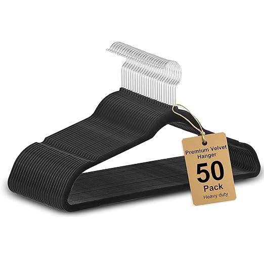 Whitmor Premium Velvet Hangers 50 Pack, Heavy Duty & Non-Slip Hangers with 360° Swivel Hooks, Space Saving Hanger, Durable Closet Organizers for Coats, Pants, Dresses, Black