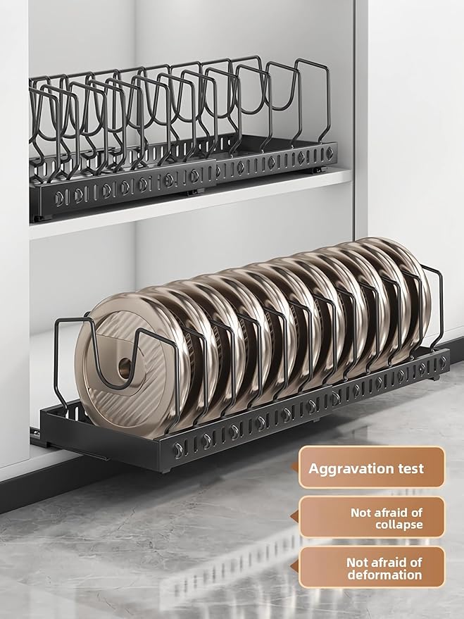 pots and pans organizer under cabinet,pot lid organizers inside cabinet holders for kitchen,Horizontal and vertical pulling modes,cast iron storage (Black Vertical pull-out)