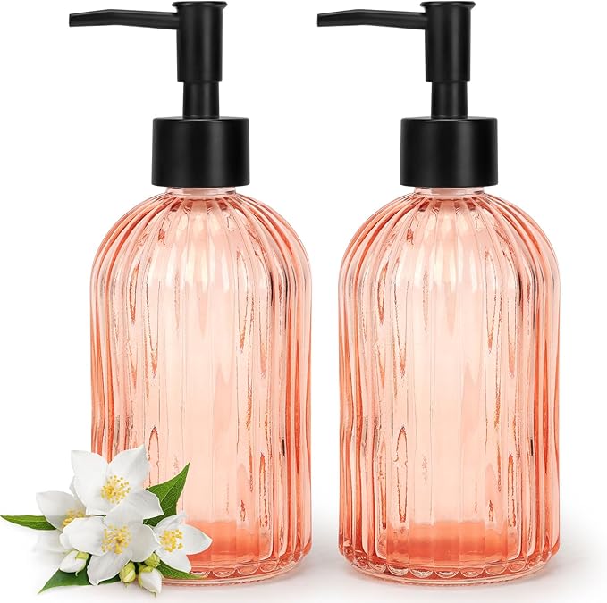 Topsky 2 Pack Glass Soap Dispenser with Black Plastic Pump, 400ml Liquid Hand Soap Dispenser, Rustproof Pump for Kitchen & Bathroom, Great for Lotions, Essential Oil, Liquid Soaps-Pinkish Orange