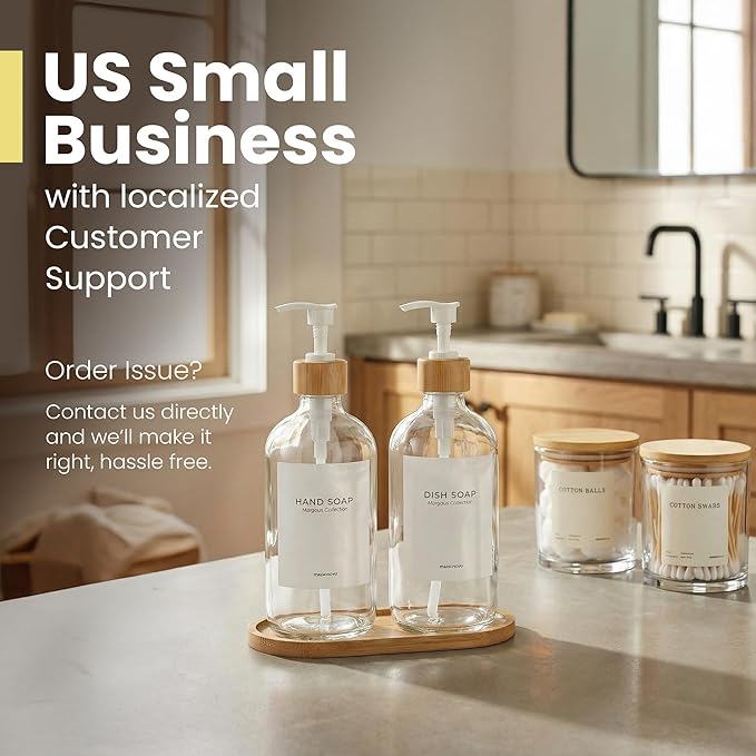 MaisoNovo Glass Dish Soap Dispenser for Kitchen Set of 2-16.9oz Clear Dish and Hand Soap Dispenser Set for Kitchen - Clear Glass Bottles x 2 with White Bamboo Pumps & Tray
