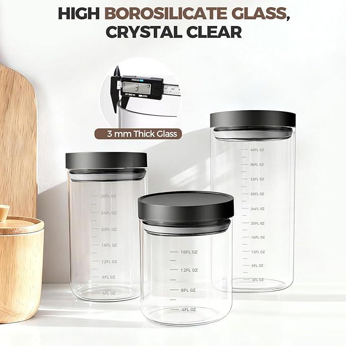 Danbark Set of 6 18oz Airtight Glass Storage Canisters with Lids - Pantry Organizers and Storage Glass for Kitchen - for Pantry, Flour, Sugar, Coffee, Tea, Pasta, Rice, and Snacks - Black