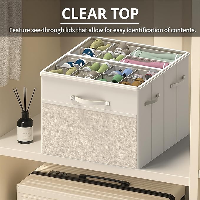 2 Pack Shoe Organizer for Closet, Clear Foldable Shoe Storage Containers Fits 14 Pairs,Shoe Storage Bins Baskets Boxes with Reinforced Handles Beige Shoes Organize