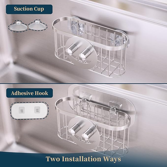 Consumest Sponge Holder Smiley Face - Kitchen Sink Caddy, Sink Organizer with Removable Suction Cups & Adhesive Strips, Suit for Sponge, Soap, Silver