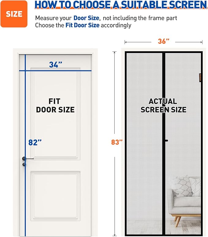 MAGZO Magnetic Screen Door, Fit Door Size 34 x 82 Inch, Actual Screen Size 36" x 83" Durable Fiberglass Mesh Curtain Middle Opening Screen Door with Full Frame Hook&Loop-Gray