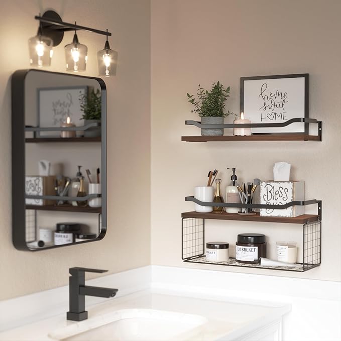 WOPITUES Floating Shelves with Wire Storage Basket, Bathroom Shelves Over Toilet with Protective Metal Guardrail, Wood Wall Shelves for Bathroom, Bedroom, Living Room, Toilet Paper- Dark Brown