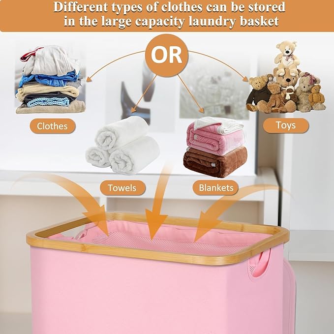 Laundry Basket with Wheels, 110L Clothes Hamper for Laundry, Laundry Hamper with Bamboo Lid and Inner Bag, for Laundry Room, Bedroom, Dormitory Storage,Pink
