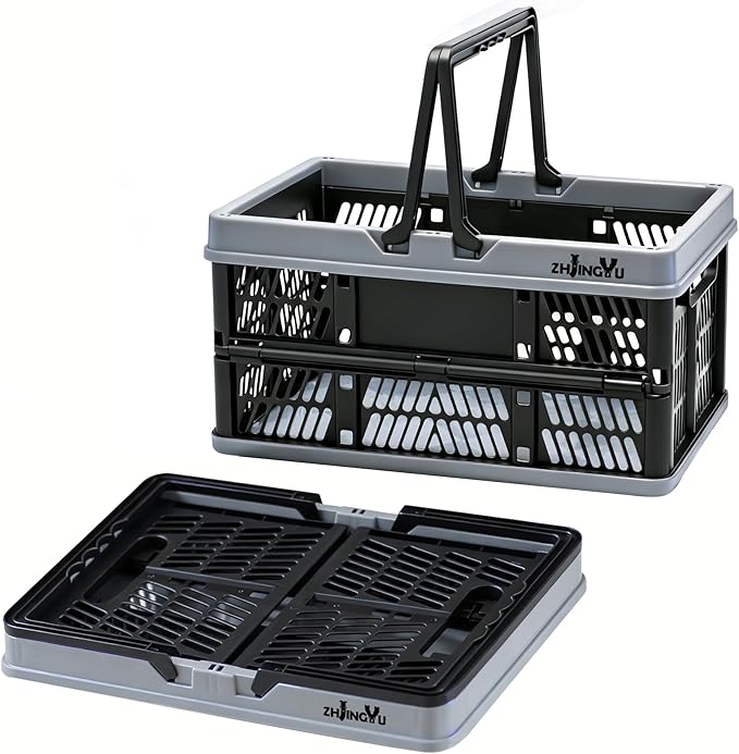 Plastic Baskets with handles,2-pack Black Collapsible crates for storage,14.96"x9.84"x7.87" foldable shopping basket ,foldable crate with Handles for car Classroom Kitchen Bathroom Medicine Milk