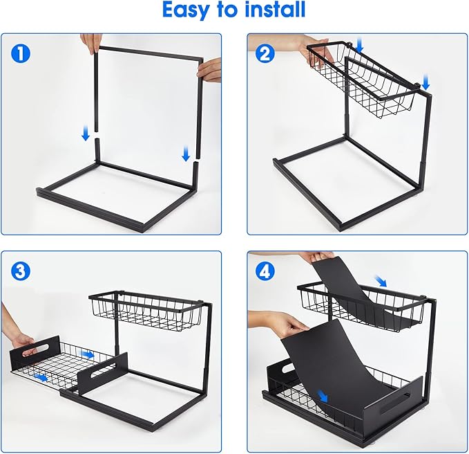 2 Pack Under Sink Organizer, 2 Tier Pull-Out Cabinet Storage Shelf, Rust-Resistant Metal Organizer for Kitchen Bathroom Laundry Room, No Tools Installation, Black