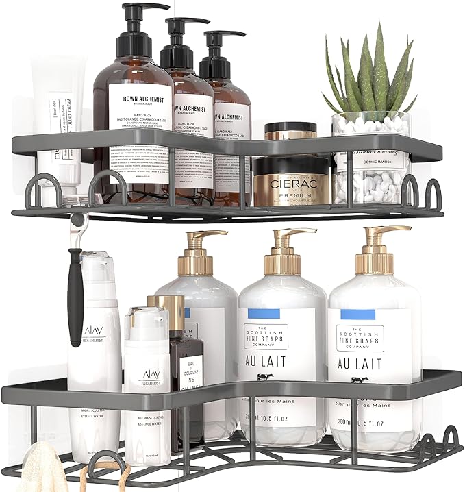 Corner Shower Caddy - 2 Pack, Adhesive Shower Organizers, Rustproof Stainless Steel Shower Shelves with 8 Hooks, No Drilling Bathroom Organizers and Storage Racks, Space-Saving, Grey, Medium