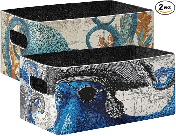 Retro Octopus Starfish Map Beige Closet Storage Bins 2 Pcs Felt Open Home Storage Containers Organizer with Handles Collapsible Shelf Basket for Home Office Craft Room Classroom Fabric
