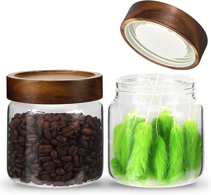 Patoper Glass Coffee Jars Spice Jar Round Storage Canister with Wooden Lid Clear Glass Food Jar for Pantry Sugar Tea Coffee Bean Spice Nuts Cookies Bath Salts (500ml/16oz-2pack)