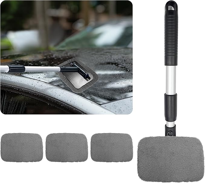 Ziciner Car Windshield Cleaner, Microfiber Auto Cleaning Wiper with Aluminum Extendable Handle and 2 Washable Reusable Cloth Pad Head, Universal Car Interior Exterior Cleaner Kit (Gray-Rectangle)