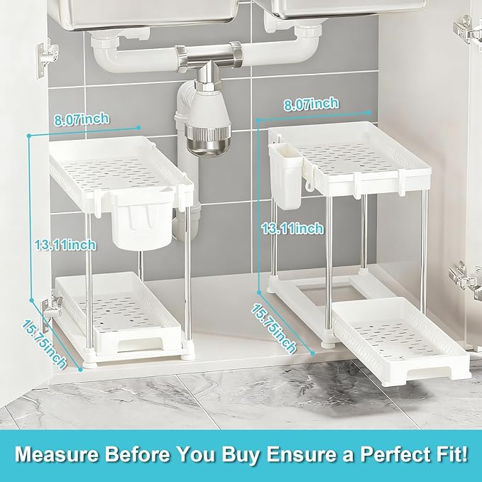 Under Kitchen Sink Organizer, 2-tier Under Sink Organizers and Storage for Kitchen & Bathroom, Multi-Purpose Pull Out Under Cabinet Organizer with Hooks Hanging Cup (White, 2 Pack)