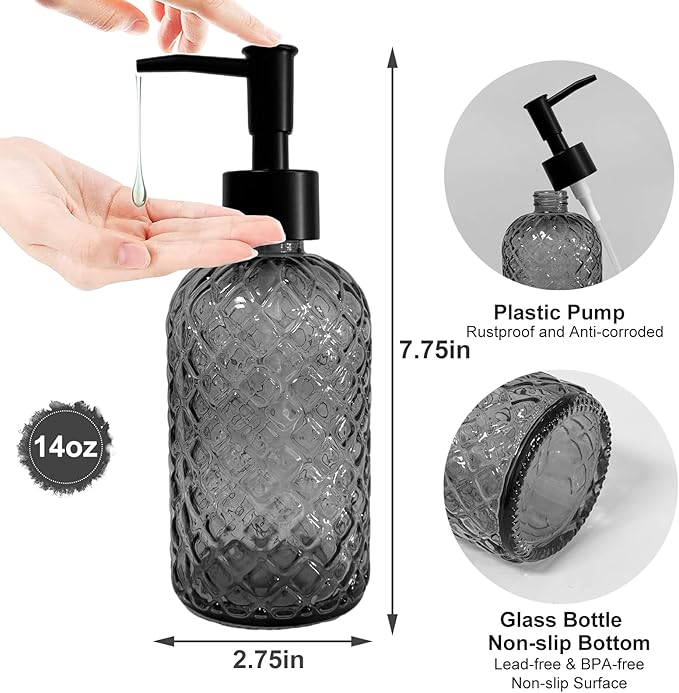 Grey Glass Soap Dispenser with Black Plastic Pump, 13.5oz Refillable Liquid Hand Dispenser, Lotion Dish Soap Dispenser for Modern Home Decor, Bathroom, Kitchen Countertop, Hotel