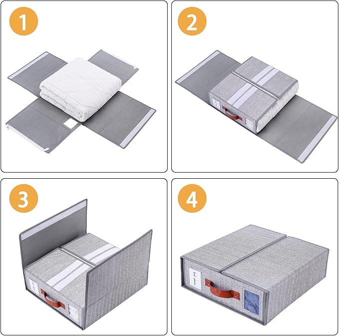 EE-RoomWorld 4 Pack Bed Sheet Storage Organizers- Premium Fabric Closet Organizer with Clear View Window, Space-Saving Foldable Design for Queen/King Size Bedsheets, Blankets & Duvet Covers