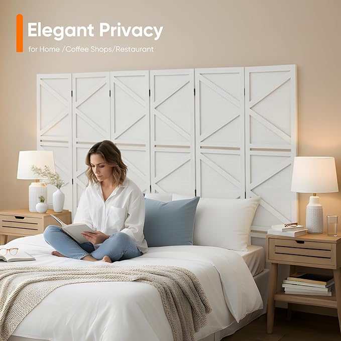 Modern Room Divider with Shelves, White X-Shape Design Folding Partition, 6-Panel Contemporary Freestanding Divider for Bedroom&Office, 67" H x 96" W