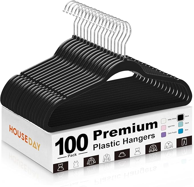 HOUSE DAY Quality Plastic Hangers 100 Pack - Heavy Duty Non-Velvet Hangers with Non Slip Notches & 360° Swivel Hook - Slim Space Saving Clothes Hangers Ideal for Coats Shirts Jackets Dresses (Black)
