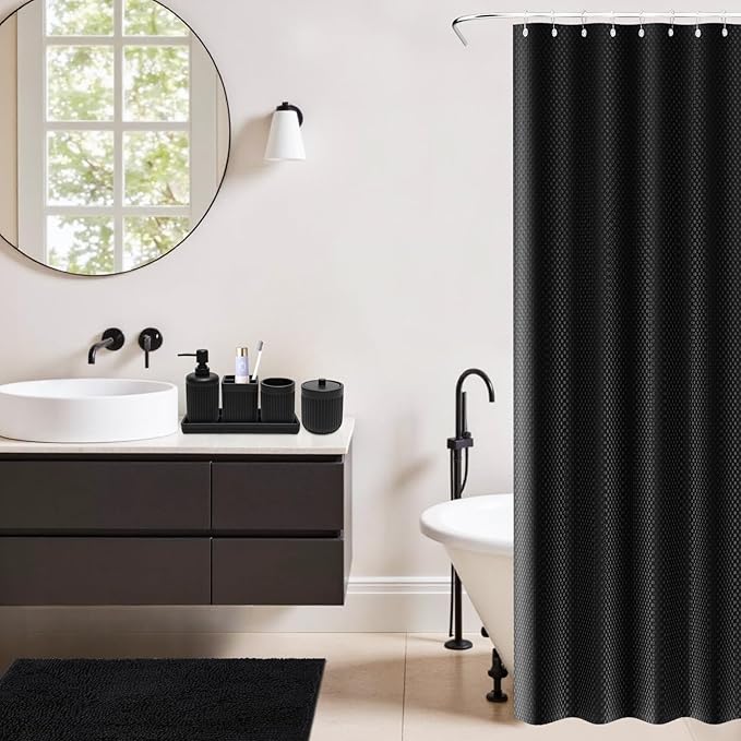 Matte Black Bathroom Sets with Shower Curtain and Rugs, 8-Piece Resin Bathroom Accessories Sets Complete, Soap Dispenser, Toothbrush Holder, Tumbler, Tray & Apothecary Jars Bathroom Essentials