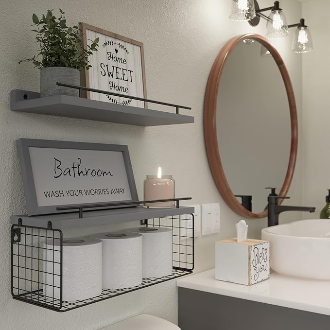 WOPITUES Floating Shelves for Wall Decor Sign, Bathroom Organizers and Storage, Bathroom Shelves Over Toilet with Metal Guardrail-Modern Grey