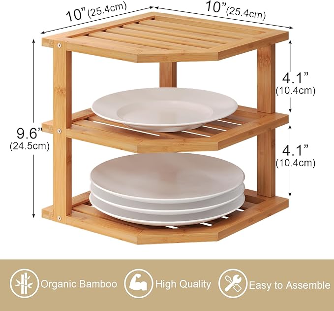 3 Tier Bamboo Corner Shelf(2 Pack),Dish Drying Rack,Plate Organizer,Kitchen Spice Rack for Countertop and Cabinet