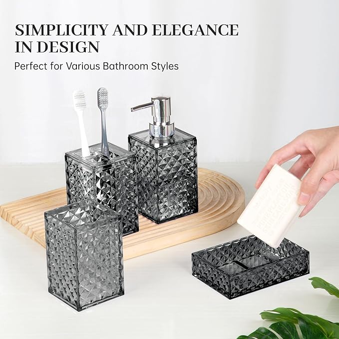 Bathroom Accessory Set, Grid Pattern 4 Pcs Plastic Bathroom Set Include Soap Dispenser, Soap Dish, Toothbrush Holder, Mousewash Cup, Modern Bahtroom Décor Set, Space Save for Bathroom((Grey)