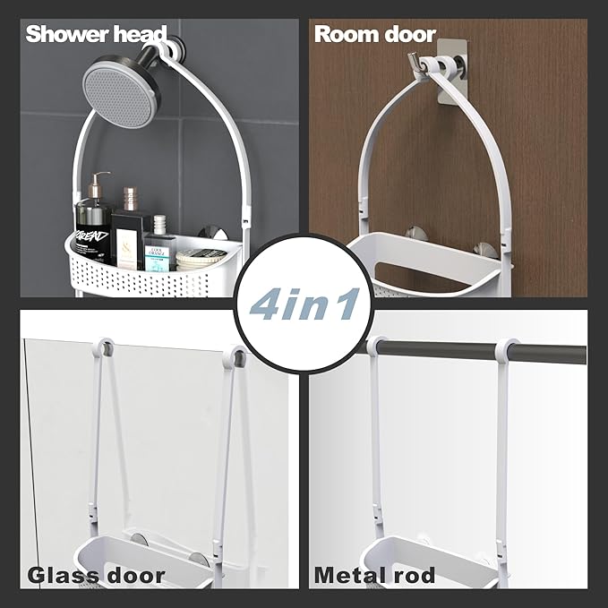 Shower Caddy Hanging; Anti-Swing shower basket over Showerhead with Suction Cups; Never rust Bathroom Organizer, Multiple Hanging Modes Shelf with hooks,White