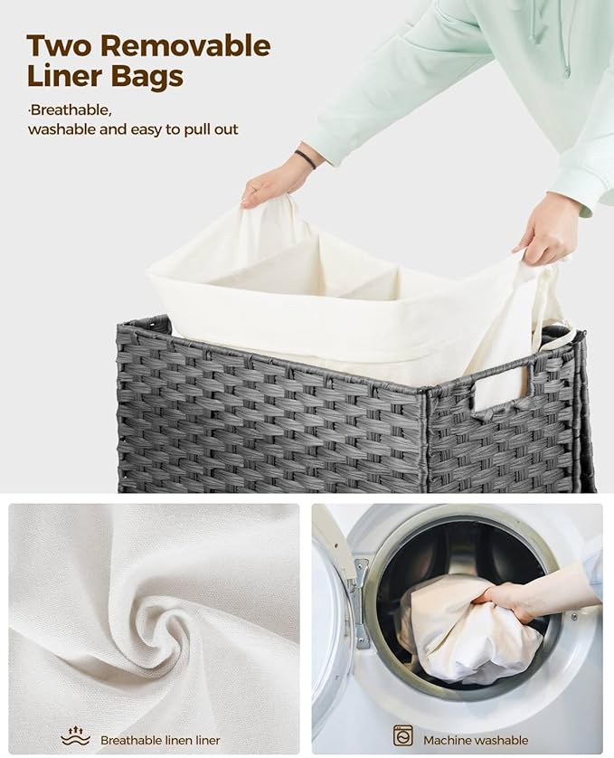 GREENSTELL Laundry Hamper with Wheels&Lid, 130L Large 3 Sections Clothes Hamper with 2 Types Removable Liner Bags, 5 Mesh Laundry Bags, Handwoven Divided Laundry Basket Gray
