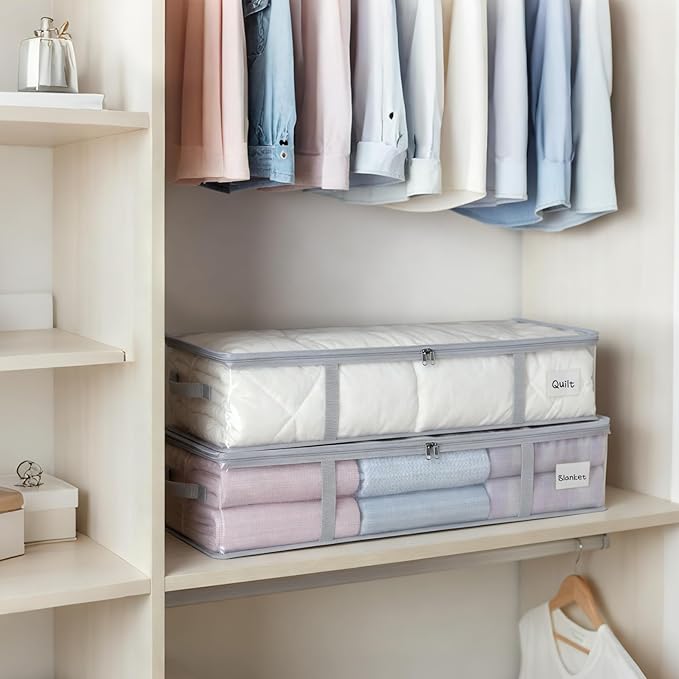 Fixwal 4pcs 90L Under Bed Storage Containers Bins Clear Closet Underbed Organizers and Storage for Blanket, Clothing, Sweaters, Pillows, Linen Sheets with Sturdy Handle and Zippers