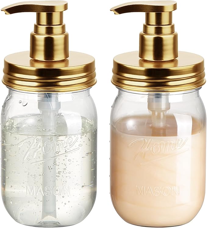 Amolliar Plastic Mason Jar Soap Dispenser with Pump Lid,16OZ Refillable BPA-Free Hand Soap Dispenser Set with Cute Lables - for Kitchen/Bathroom, Liquid Soap, Dish Soap, Lotion (2 Pack, Gold)