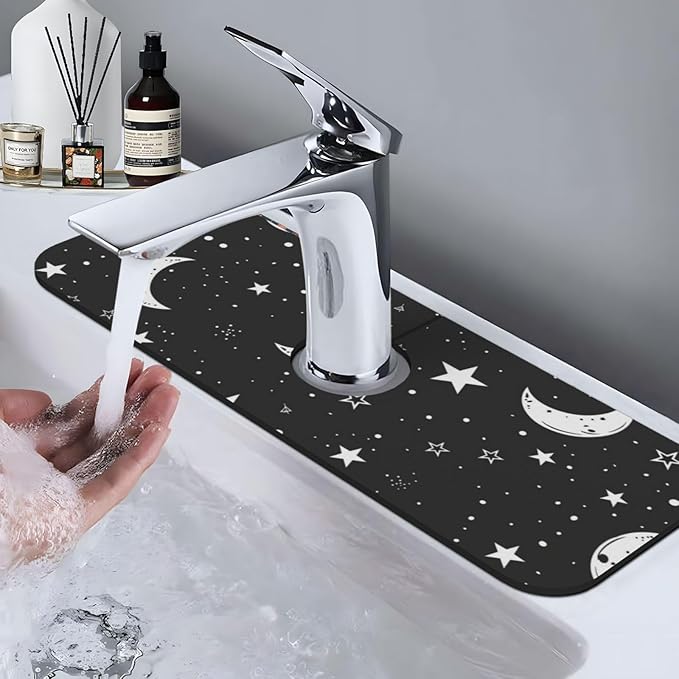 Faucet Draining Mat For Kitchen Sink, Moons Stars White Diatom Mud Absorbent Drain Pad For Bathroom Kitchen Sink Splash Guard Drying Mat