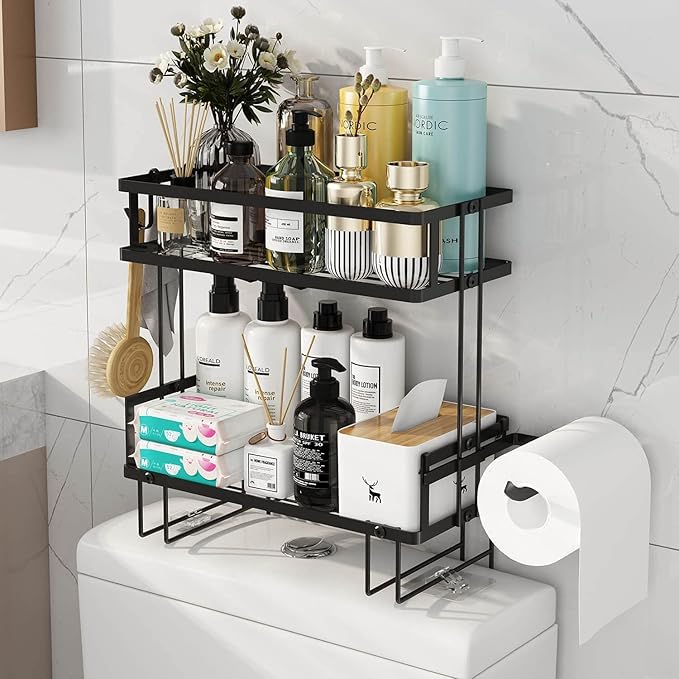 Godboat Bathroom Organizers, 2-Tier Over Toilet Storage, Floating Shelves with 2 Hooks & Paper Holder, Wall Mounted Shelf Furniture, Cool Accessories & Decor, Gifts for Women, Mothers Day (Black)