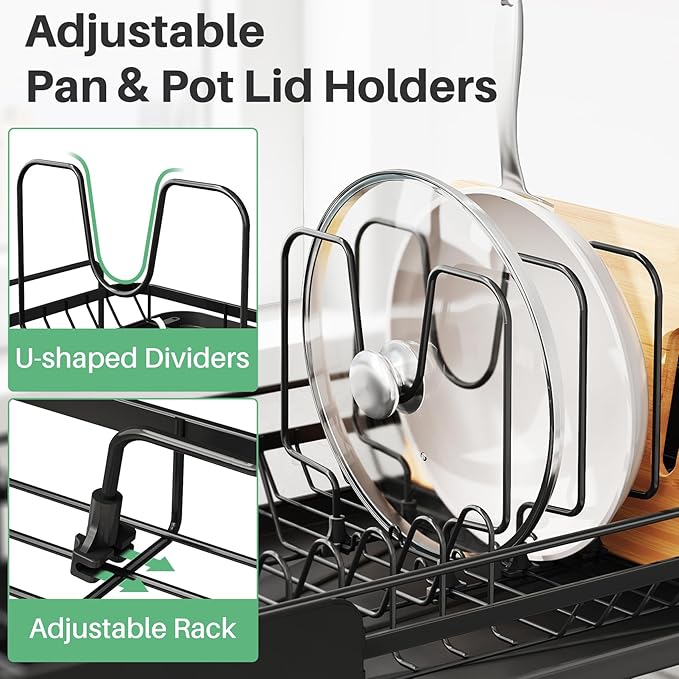 SNTD Large Dish Drying Rack - Expandable (19.3" to 29.4") Dish Rack for Kitchen Counter, Stainless Steel Dish Drainer with Utensil Holder, Pan Holder & Pot Lid Holder, Black