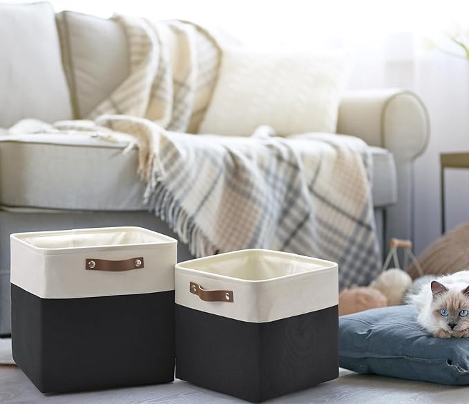 13 Inch Cube Storage Bins,Set of 4, Foldable Storage Basket with PU Handles for Organizing Home, Closet, Laundry, Office, Organizers for Shelves(White/Black)